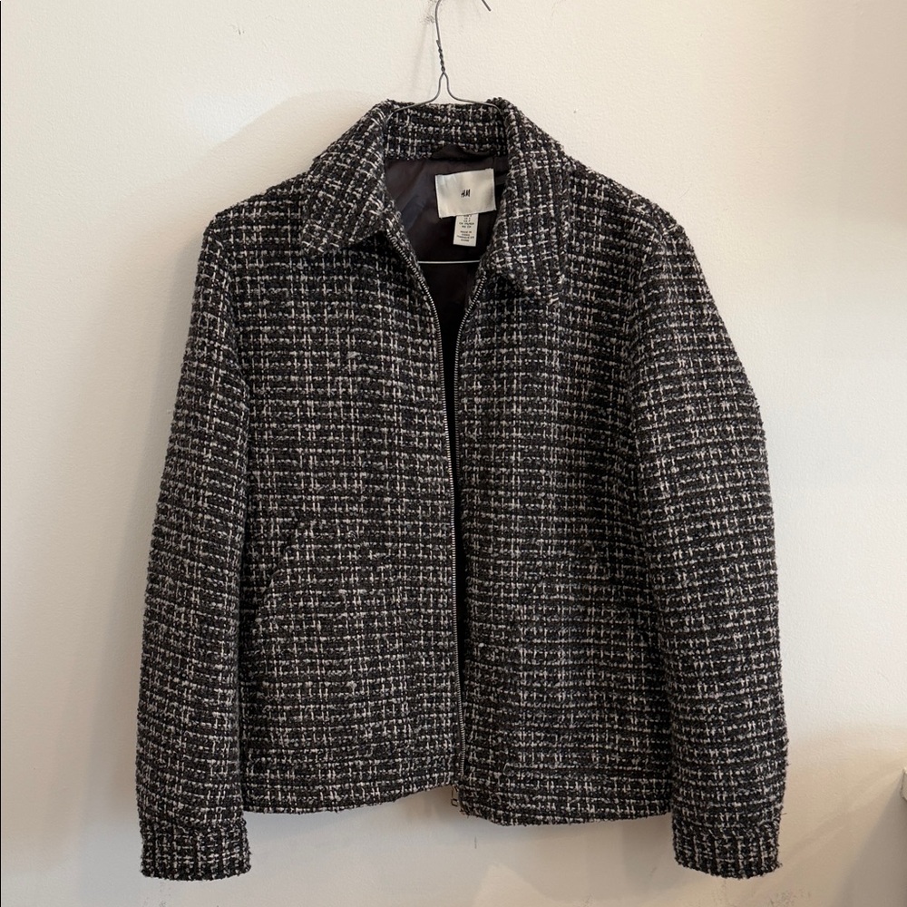 H&M Black and White Tweed Bomber Jacket